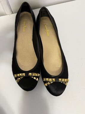 Newman Marcus  Black Ballet Flats with Gold Pyramid Stud Bow Worn once